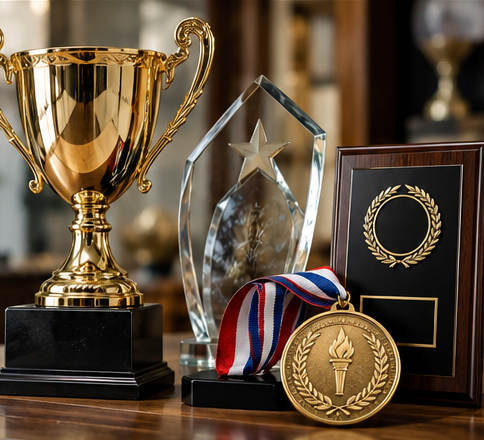 Illustrative gold cup trophy, star-shaped award, plaque, and medal on a tabletop