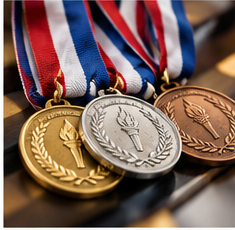 Illustrative gold-, silver-, and bronze-tone medals with striped ribbons